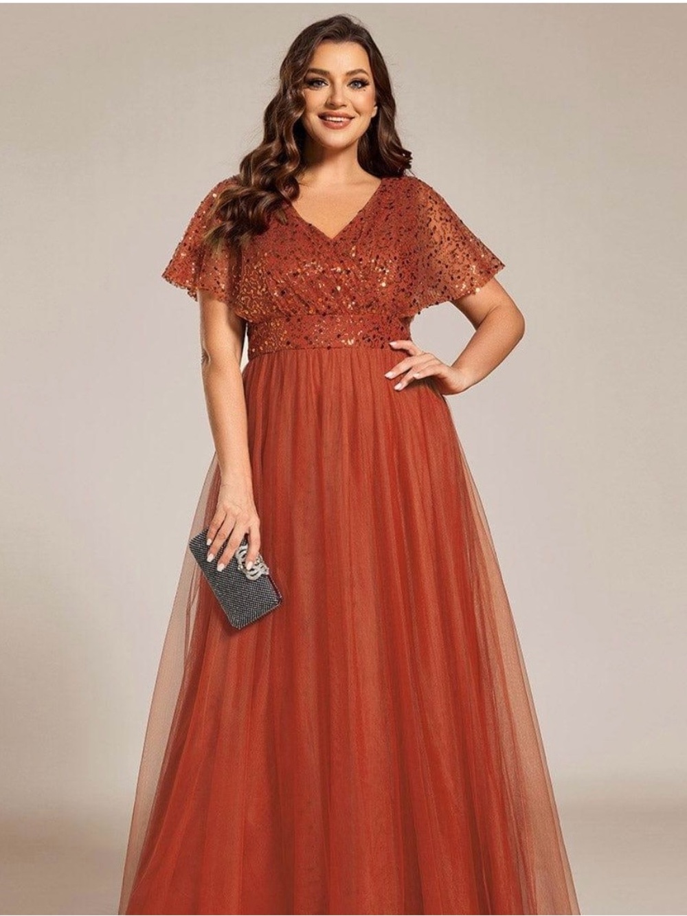 Ever Pretty Rust Sequin V-Neck Evening Gown